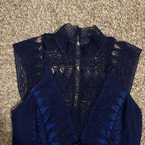 Self Portrait Teardrop Paneled Guipure Lace Mini Dress Holiday Blue Size 4 - Picture 7 of 11